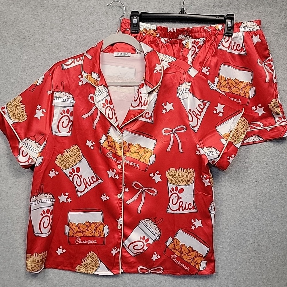 Coquette Chicken Nuggets Sz Large Satin Pajamas Set Chick-Fil-A Sleepwear Tiktok